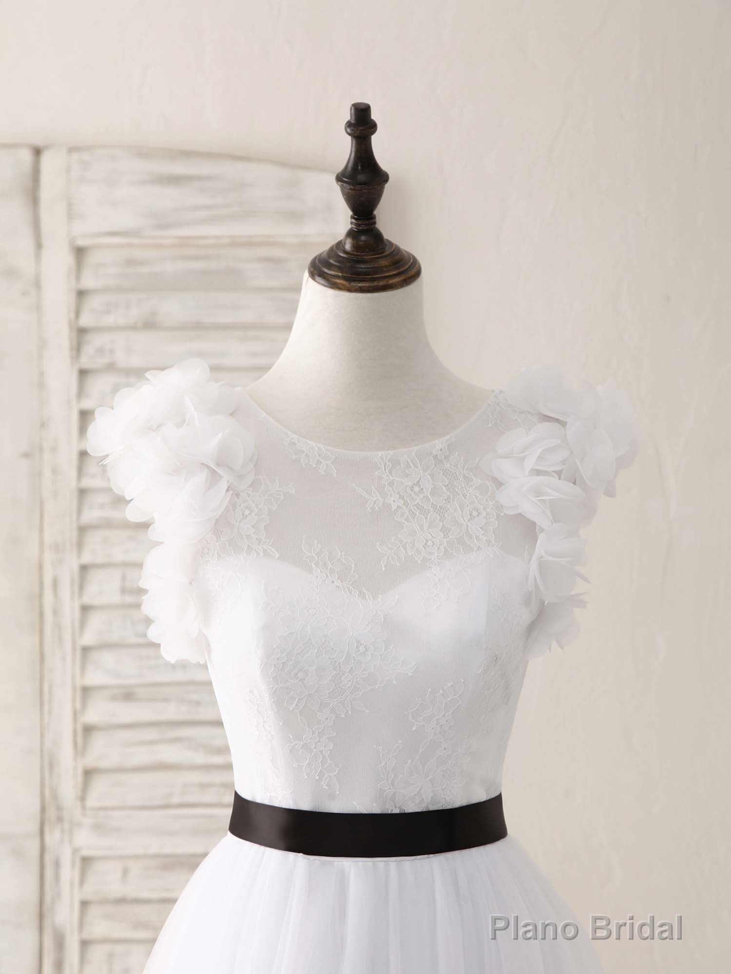 White A-Line Lace Tulle Long Prom Dress, White Evening Dress