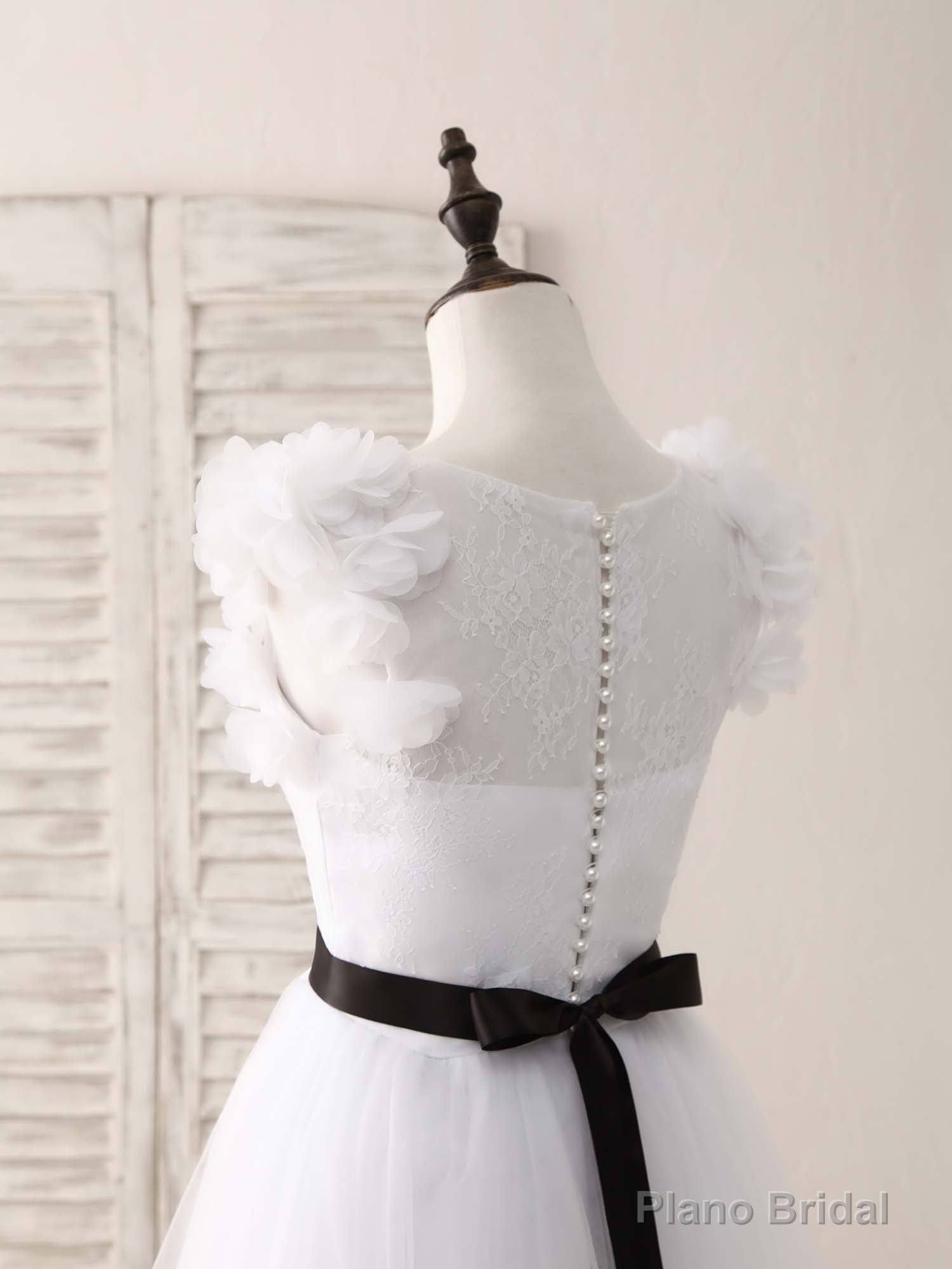 White A-Line Lace Tulle Long Prom Dress, White Evening Dress