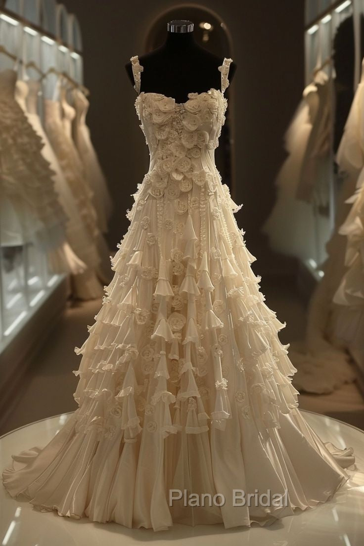 White A-Line Spaghetti Straps Chiffon Satin Long Wedding Dresses With Beaded Appliques Simple Formal Prom Dresses Secondary image