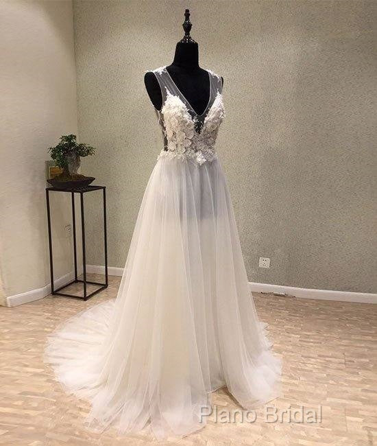 White A-Line Tulle Lace Long Formal Prom Dresses, White Wedding Dresses Secondary image