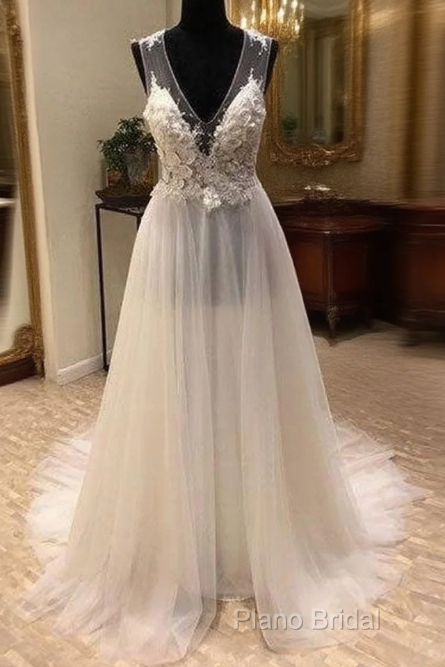 White A-Line Tulle Lace Long Formal Prom Dresses, White Wedding Dresses Main image