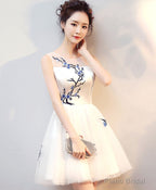 White A-Line Tulle Short Prom Dress, White Evening Dress