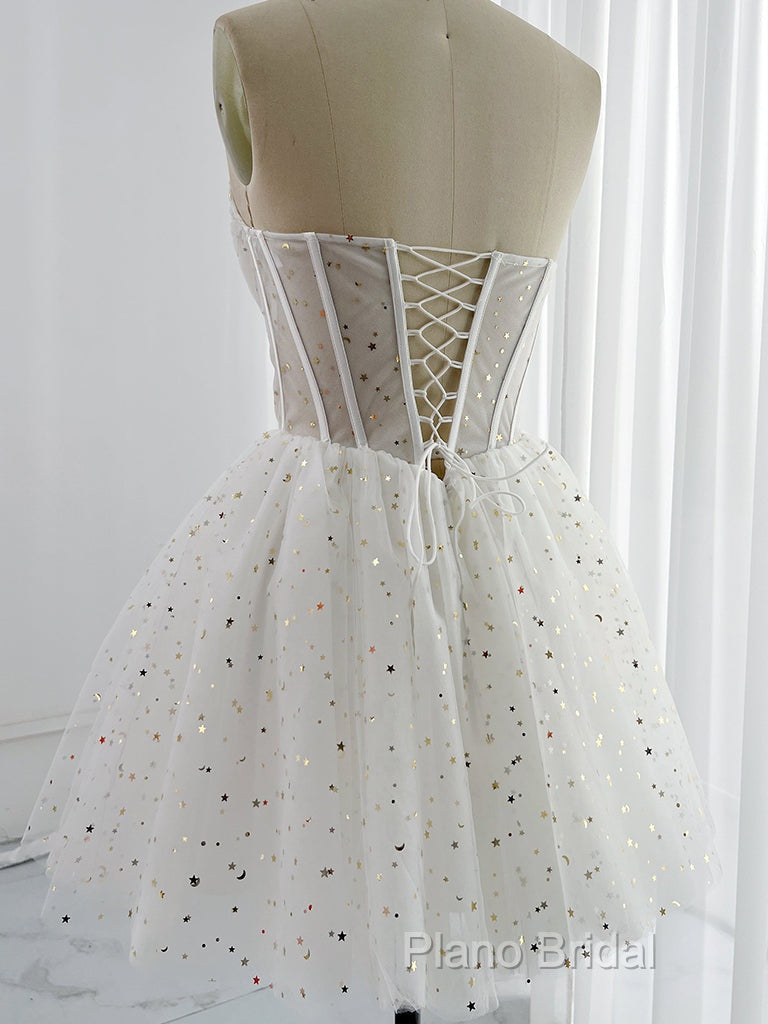 White A-Line Tulle Star Short Formal Prom Dresses, White Cute Homecoming Dresses Secondary image