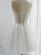 White A-Line Tulle Star Short Formal Prom Dresses, White Cute Homecoming Dresses