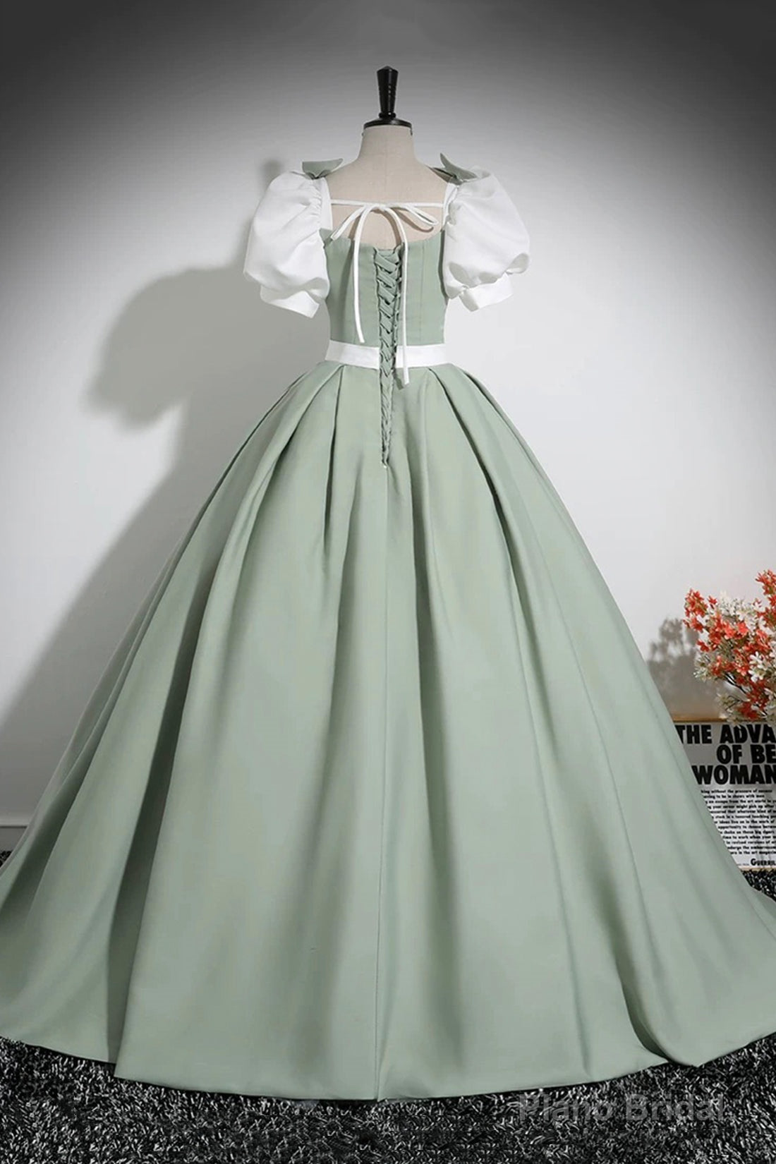 White and Green Floor Length Prom Dress, Lovely A-Line Short Sleeve Evening Party Dress