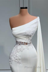 White Asymmetric One Shoulder Mermaid Stretch Satin Evening Formal Prom Dresses