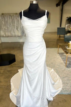 White Backless Ruched Wedding Dresses With Detachable Sleeves Open Back