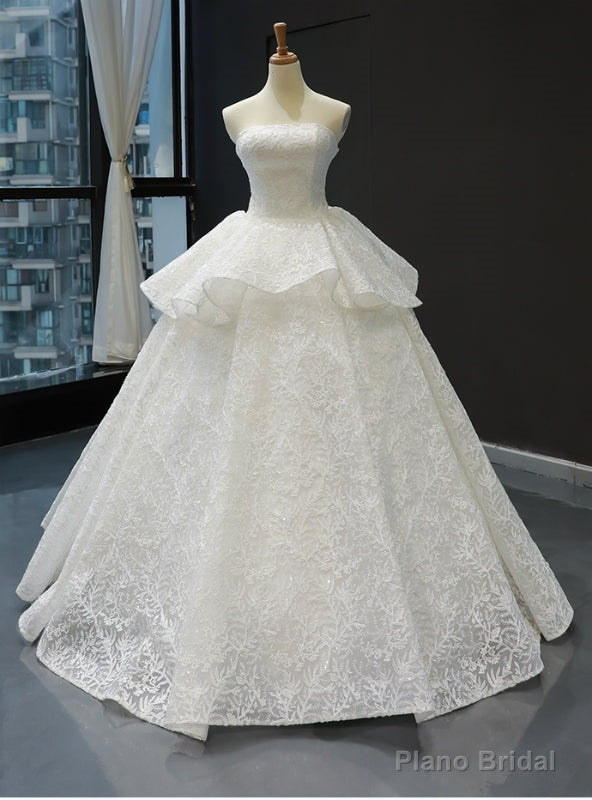 White Ball Gown Lace Sequins Strapless Sleeveless Wedding Dress Main image