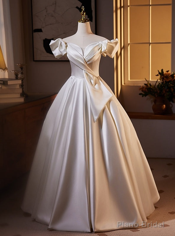 White Ball Gown Pleats Satin Off the Shoulder Wedding Dress Main image