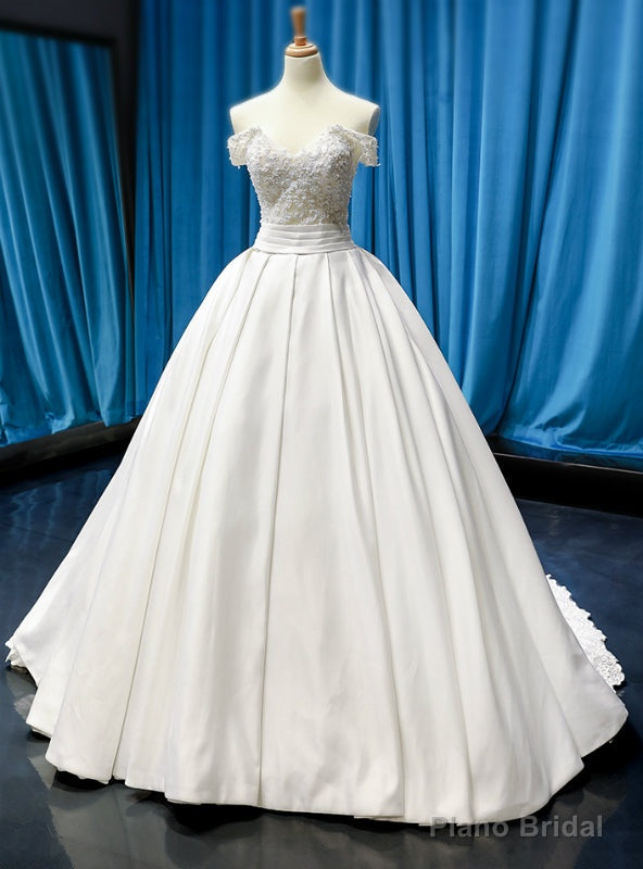 White Ball Gown Satin Off the Shoulder Wedding Dress With Beading Main image