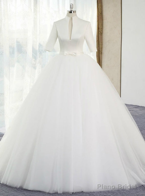 White Ball Gown Satin Tulle High Neck Short Sleeve Wedding Dress With Bow Main image