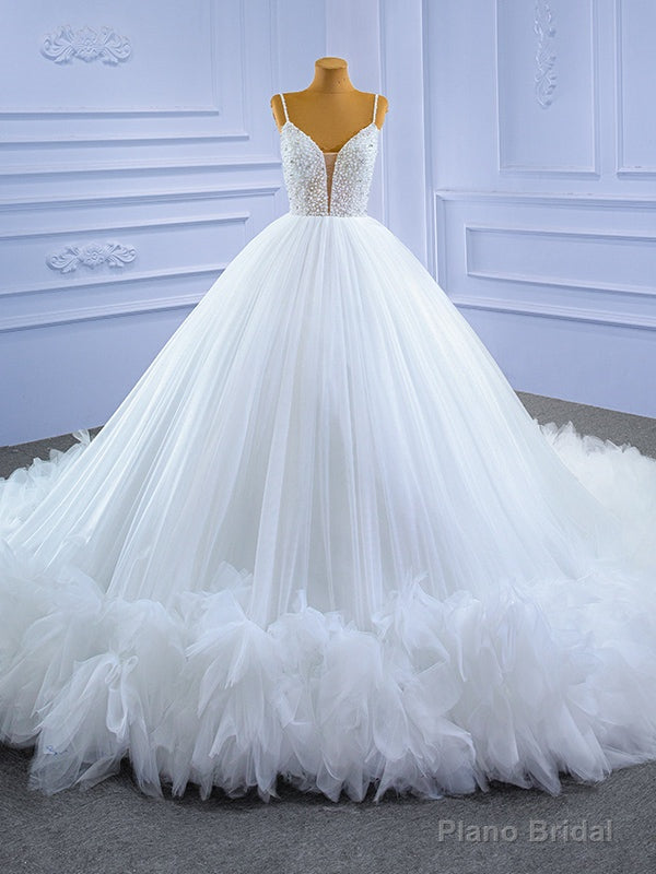 White Ball Gown Spaghetti Straps Pearls Wedding Dress Main image