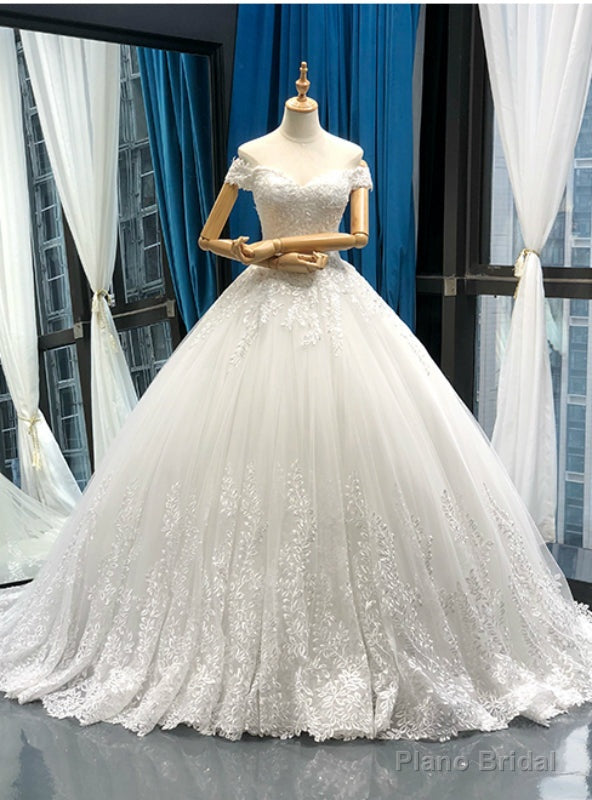 White Ball Gown Tulle Appliques Off The Shoulder Wedding Dress With Train Main image