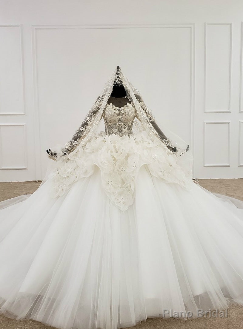 White Ball Gown Tulle Flower Long Sleeve Beading Sequins Wedding Dress Main image