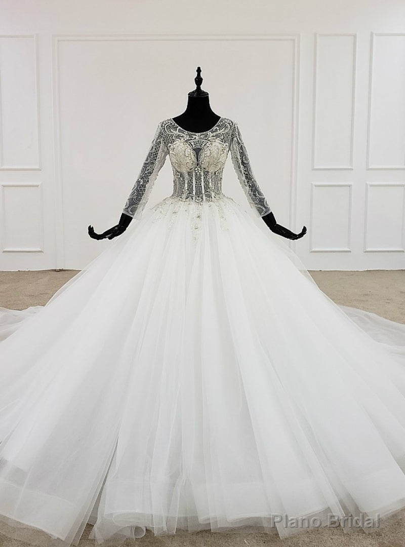 White Ball Gown Tulle Long Sleeve Backless Beading Crystal Wedding Dress Main image
