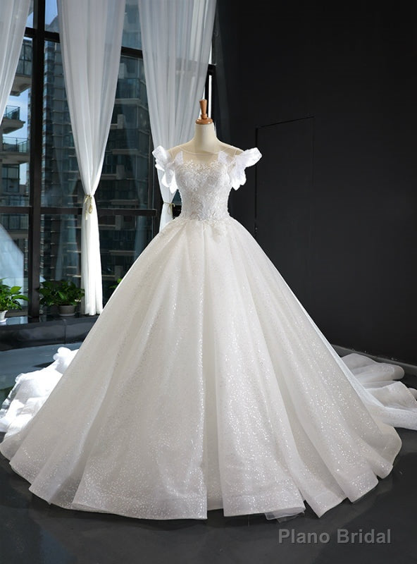White Ball Gown Tulle Sequins Appliques Backless Wedding Dress Main image
