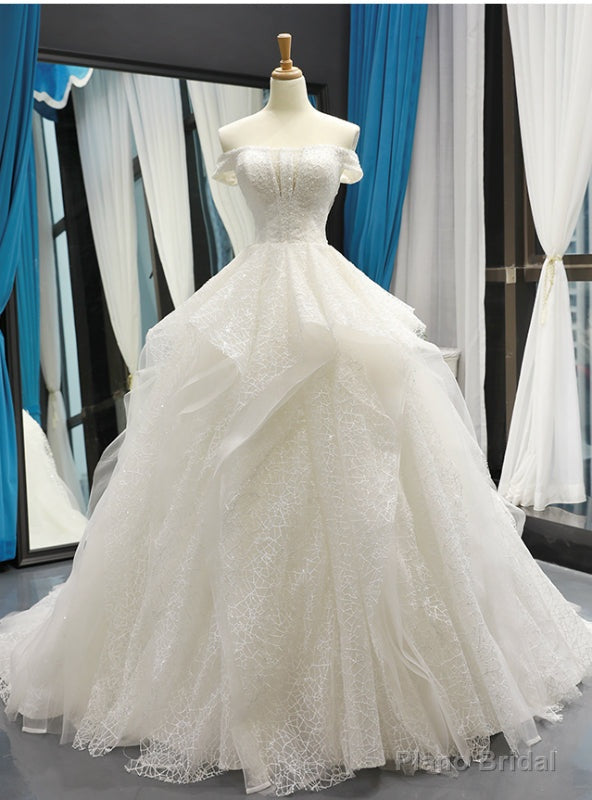 White Ball Gown Tulle Sequins Off the Shoulder Luxury Wedding Dress With Beading Main image