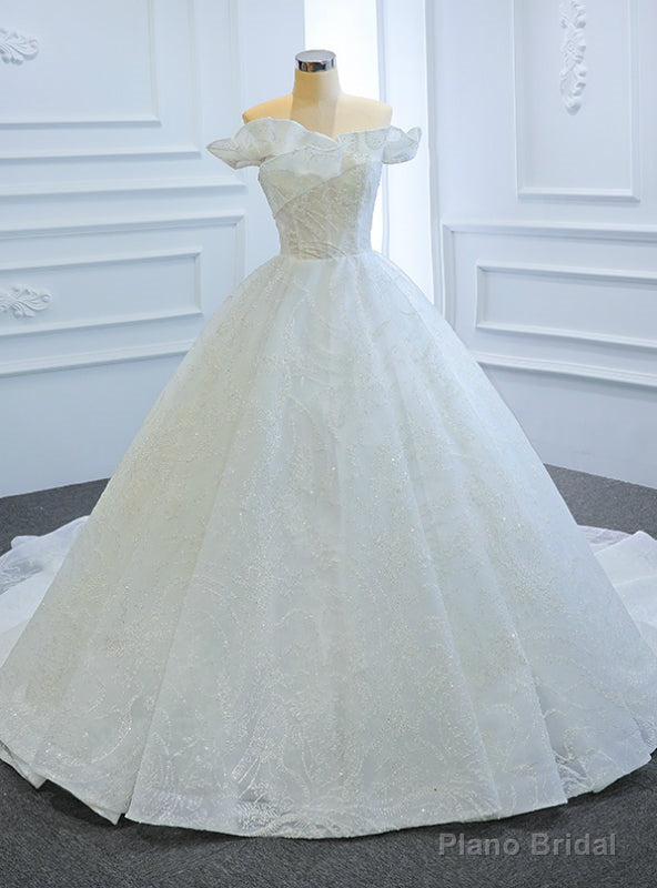 White Ball Gown Tulle Sequins Off the Shoulder Wedding Dress Main image