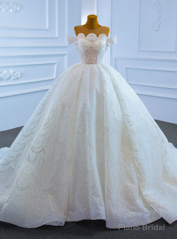White Ball Gown Tulle Sequins Scoop Pearls Wedding Dress Main image
