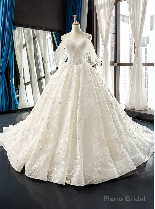 White Ball Gown Tulle Star Embrodiery Lace Backless Wedding Dress Main image