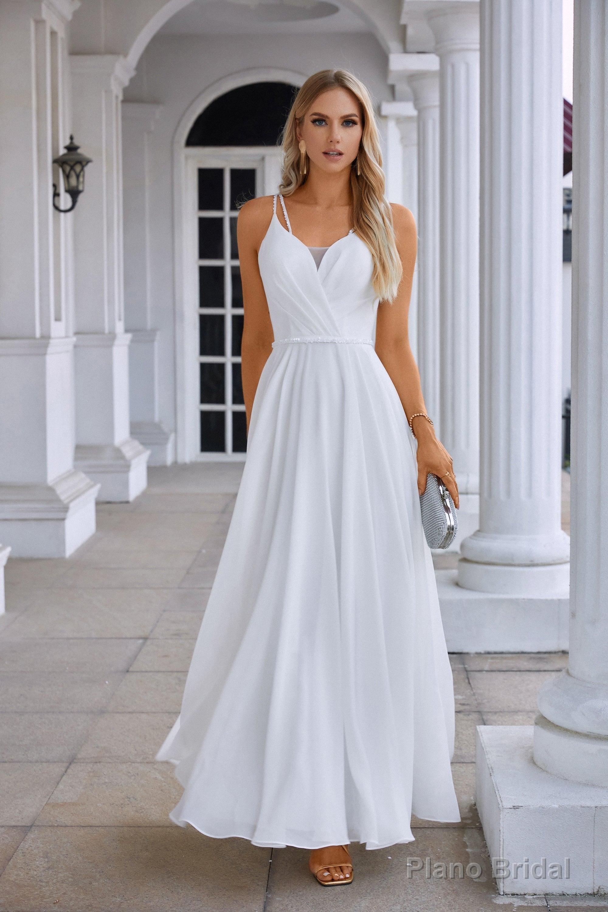 White Chiffon Prom Dresses Surplice Neck A-Line Long Evening Dress with Spaghetti Straps Secondary image