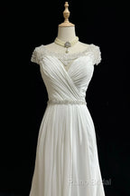 White Elegant A-Line Chiffon V-Neck Long Formal Prom Dresses With Beading Simple Wedding Dresses