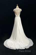 White Elegant A-Line Chiffon V-Neck Long Formal Prom Dresses With Beading Simple Wedding Dresses