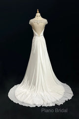 White Elegant A-Line Chiffon V-Neck Long Formal Prom Dresses With Beading Simple Wedding Dresses