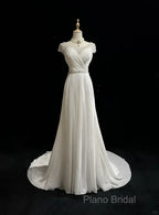 White Elegant A-Line Chiffon V-Neck Long Formal Prom Dresses With Beading Simple Wedding Dresses