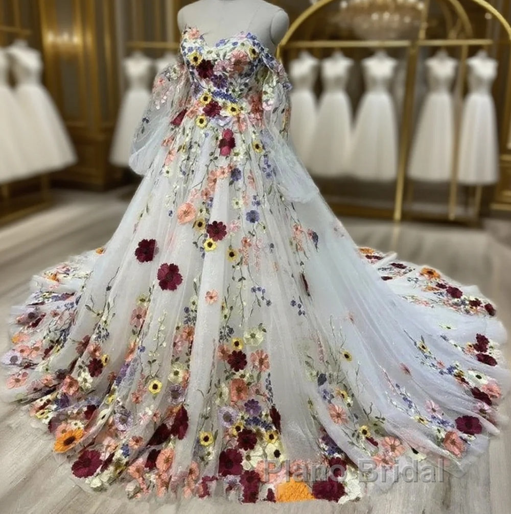 White Floral Sweetheart Long Sleeves Ball Gown Formal Prom Dresses Main image