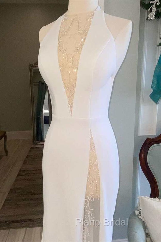 White Halter Open Back Mermaid Long Wedding Dresses V-Neck Secondary image