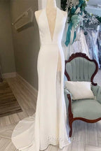 White Halter Open Back Mermaid Long Wedding Dresses V-Neck