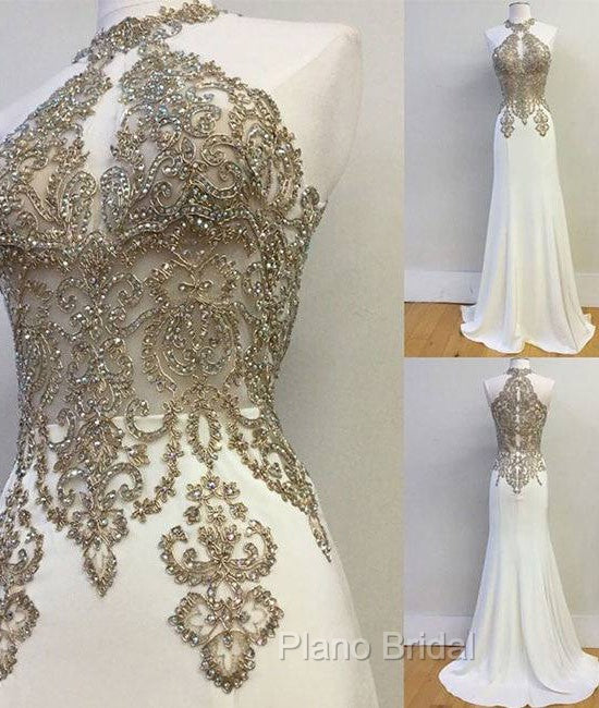 White High Neck Lace Applique Long Formal Prom Dresses, Evening Dresses Main image