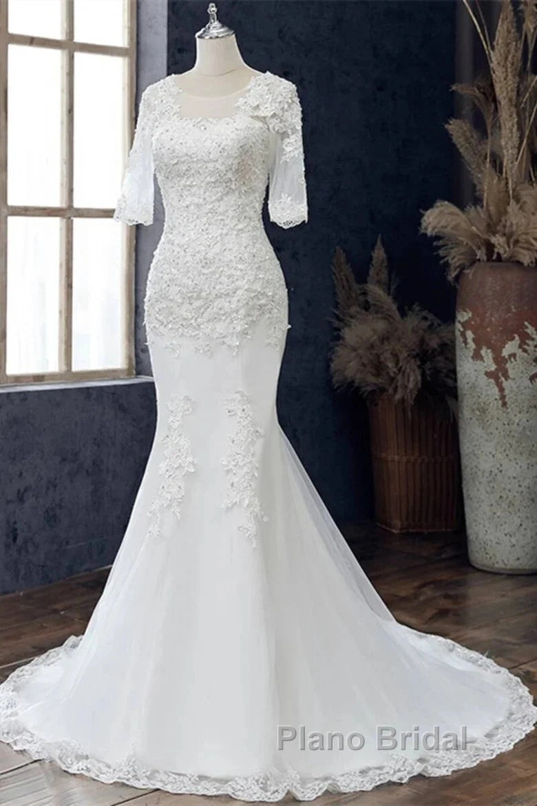 White Jewel Half Sleeve Mermaid Wedding Dresses