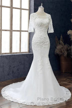 White Jewel Half Sleeve Mermaid Wedding Dresses