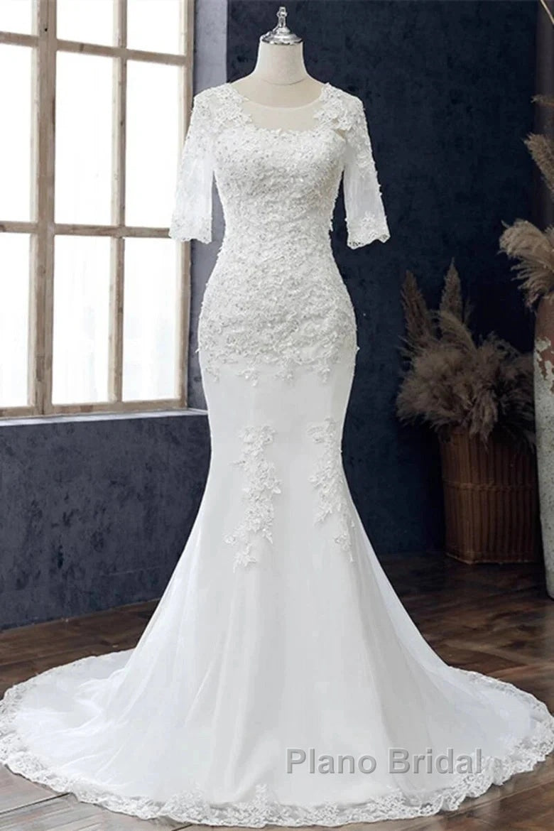 White Jewel Half Sleeve Mermaid Wedding Dresses