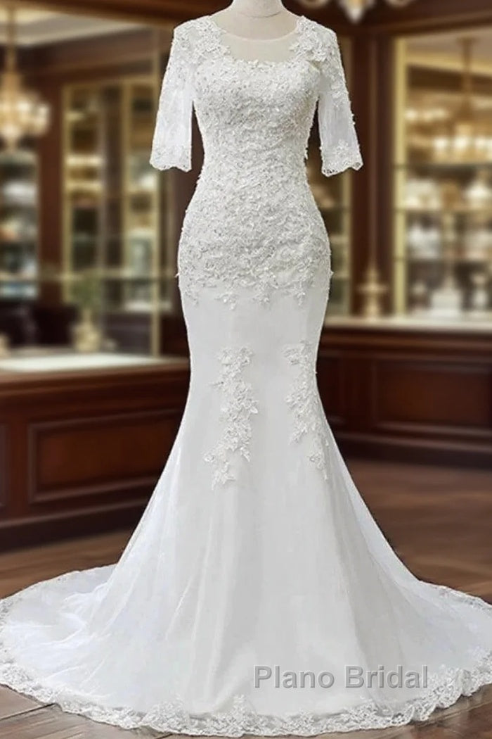 White Jewel Half Sleeve Mermaid Wedding Dresses Main image