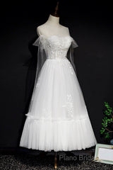 White Lace A-Line Tea Length Formal Prom Dresses
