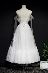 White Lace A-Line Tea Length Formal Prom Dresses