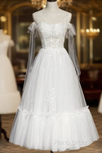 White Lace A-Line Tea Length Formal Prom Dresses