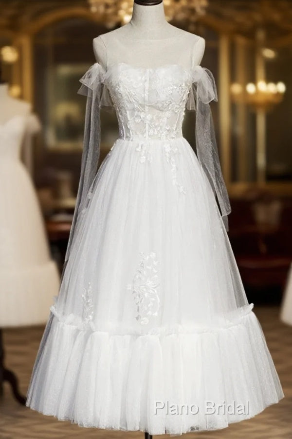 White Lace A-Line Tea Length Formal Prom Dresses