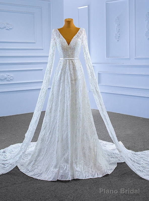 White Lace Deep V-neck Beading Long Sleeve Wedding Dress Main image