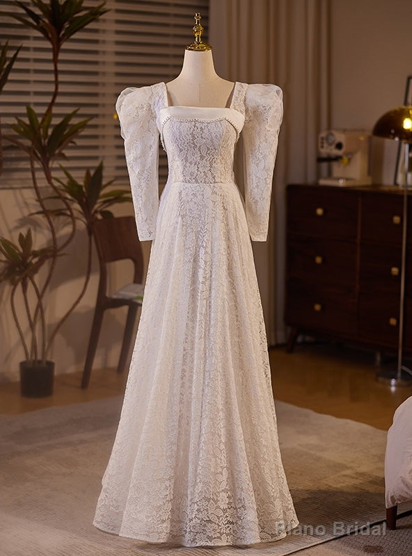 White Lace Long Sleeve Square Neck Wedding Dress Main image