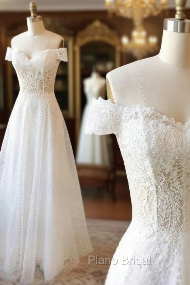 White Lace Off Shoulder Long Formal Prom Dresses White Lace Evening Dresses