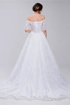 White Lace Off The Shoulder Short Sleeve Corset Wedding Dresses