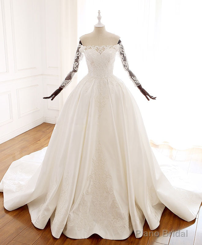 White Lace Satin Long Wedding Dress, Lace Satin Long Bridal Gown Main image