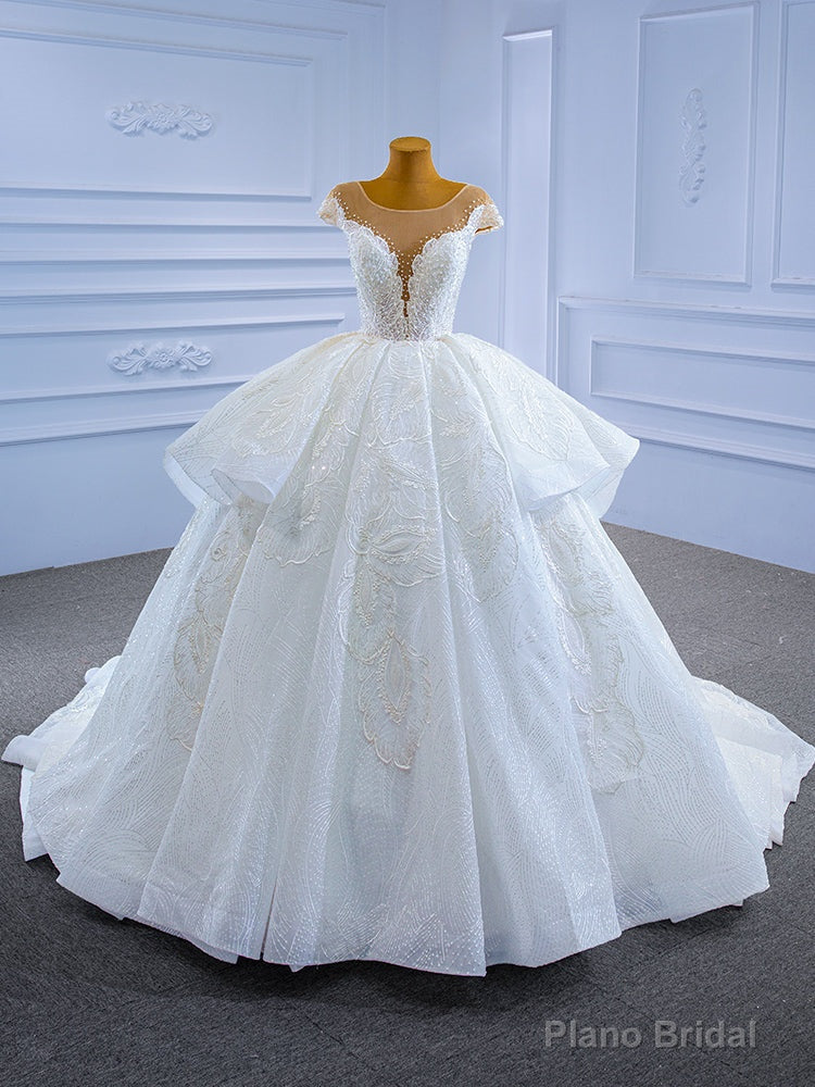 White Lace Sequins Cap Sleeve Pearls Wedding Dress Main image