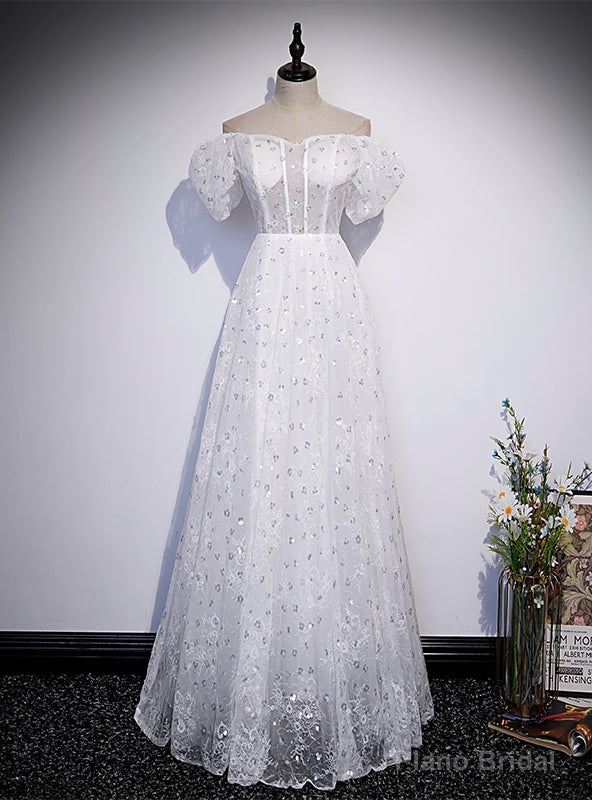 White Lace Sequins Off the Shoulder Prom Dress Main image