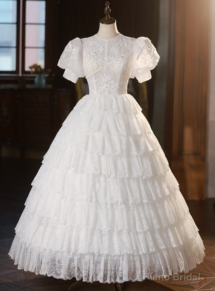 White Lace Short Sleeve Tiers Wedding Dress Main image