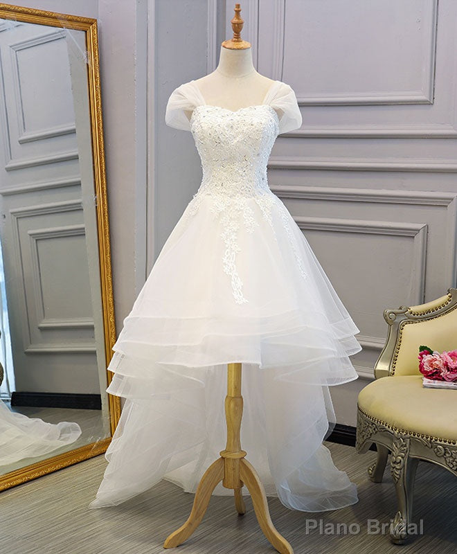 White Lace Tulle High Low Long Wedding Dress, Bridal Dress Main image